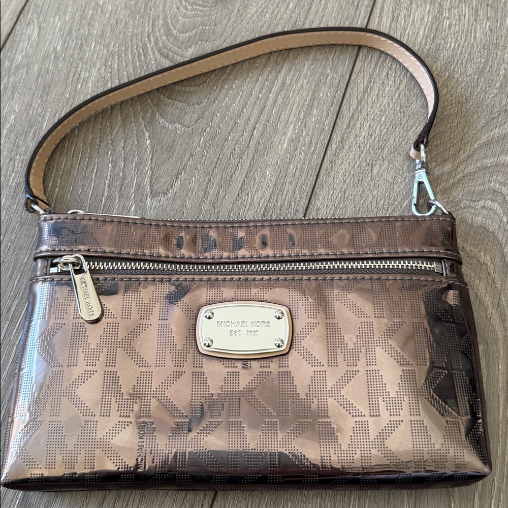 Michael Kors Jet Set Mk Logo Mirror Metallic Double Zip Wristlet